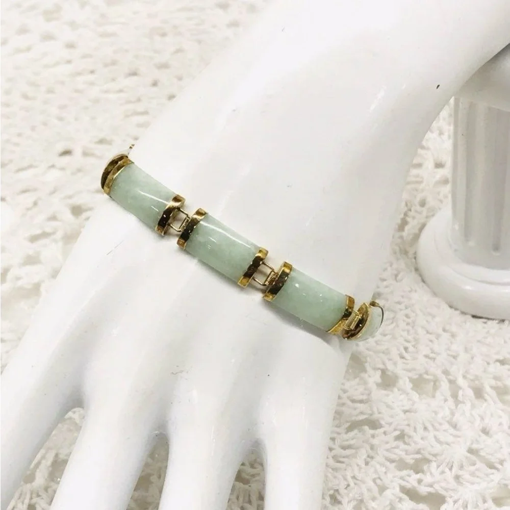 10K Yellow Gold Natural Green Jade Panel Link Bracelet 7” 11.5g Estate 16mm - Picture 1 of 12